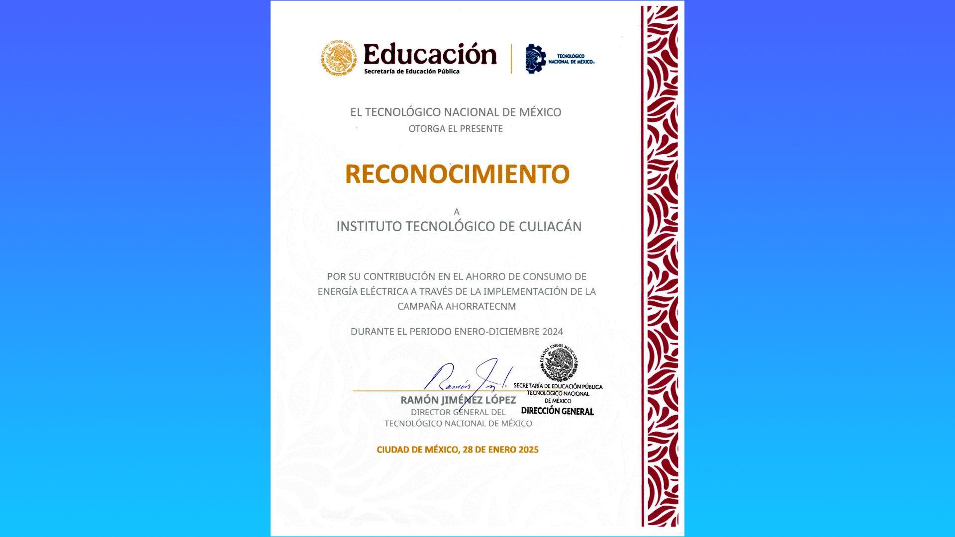 Director General reconoce al ITC por su contribución al ahorro de energía eléctrica